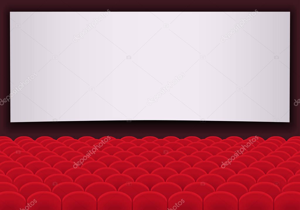 Movie theatre with Rows of red seats and blank white screen. Vector