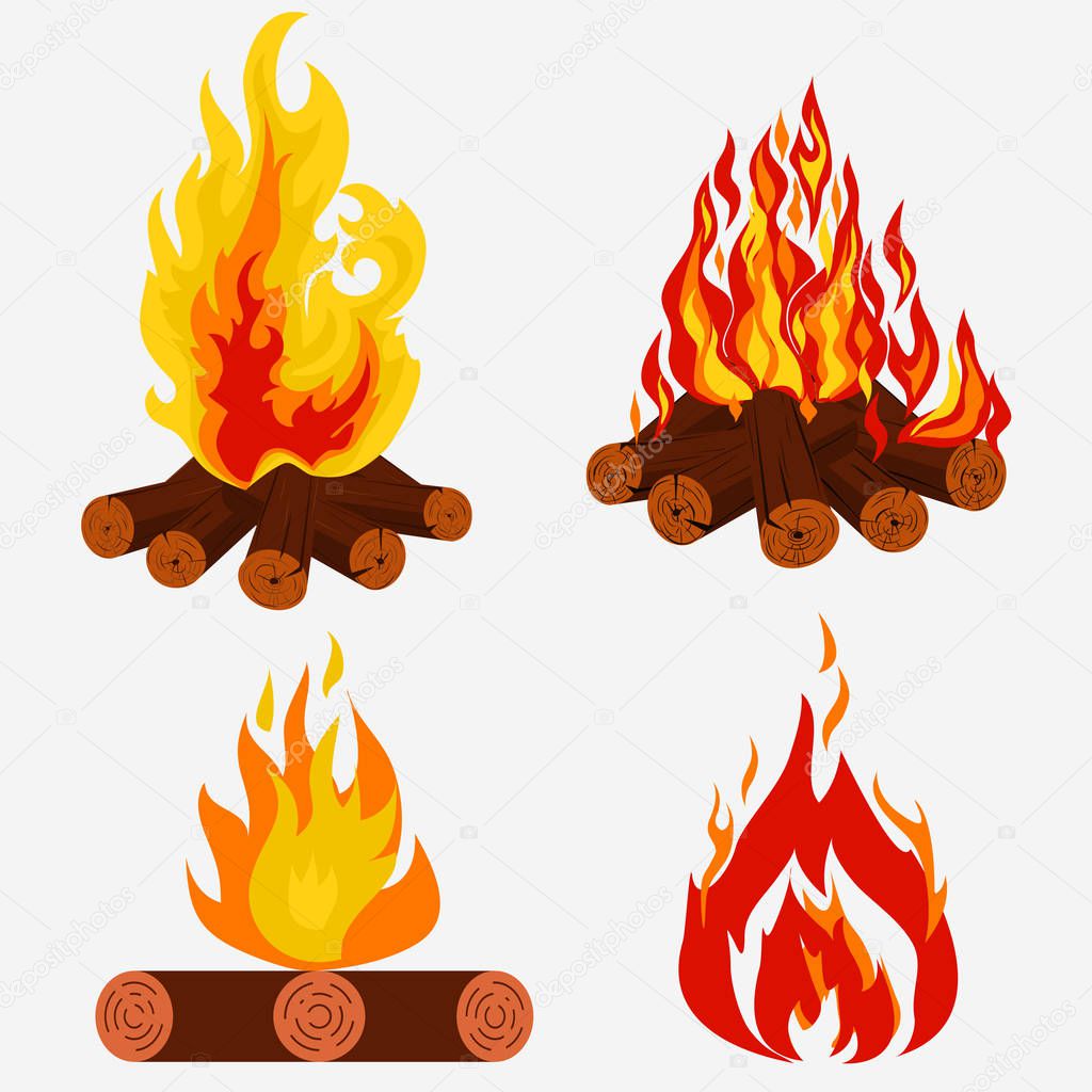 Bonfire set - camping, fire collection. Burning woodpile. Vector