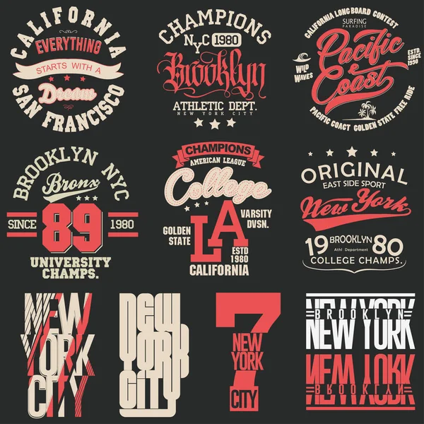 Conjunto gráfico de estampado de camiseta. emblema de tipografía de desgaste deportivo — Vector de stock