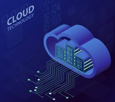 Bulut teknoloji izometrik kavramı, Modern bilgi işlem hizmetleri. Entegre dijital web bulut depolama