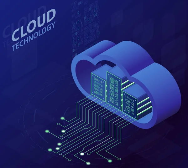 Tecnología Cloud Concepto isométrico, Servicios informáticos modernos. Almacenamiento integrado en la nube web digital — Archivo Imágenes Vectoriales