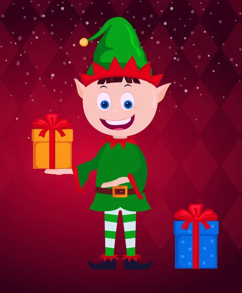 Kerst Elf met cadeau, Smiling karakter. vector — Stockvector