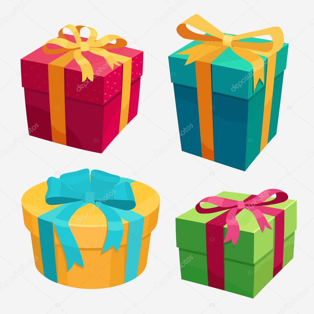 Gift Boxes set with Red Ribbon and Bow. vector