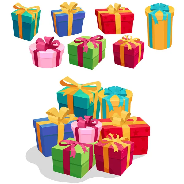 Conjunto de cajas de regalo con cinta roja y lazo. vector — Archivo Imágenes Vectoriales