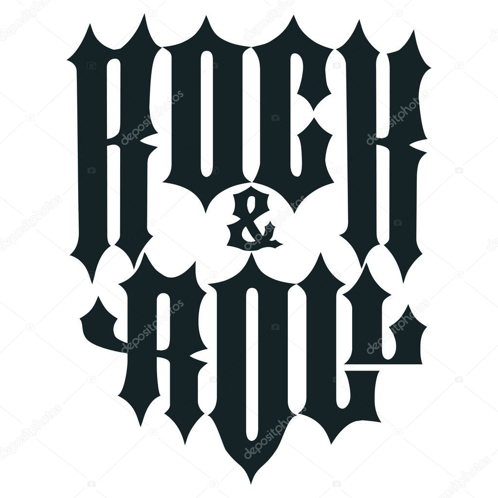 Rock music print for t-shirt, tee print stamp, shirt Gothic lettering artwork, hipster retro badge, typography emblem. Vector