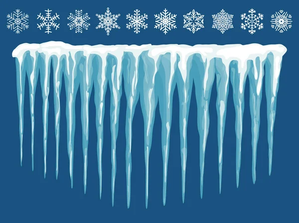Schneeverwehungen, Eiszapfen, Eiskappen, Schneekappen und Schneeflocken. Vektor — Stockvektor