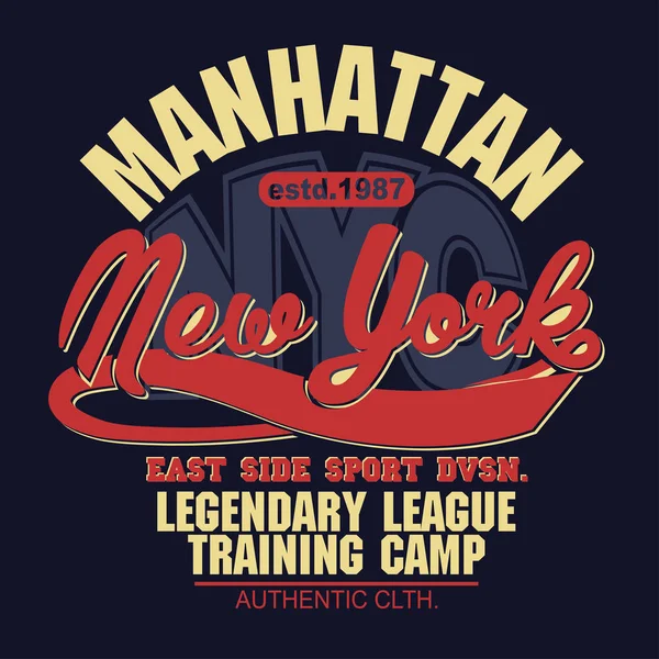 Grafika znaczka na koszulce. New York Sport nosić typografia emblemat — Wektor stockowy