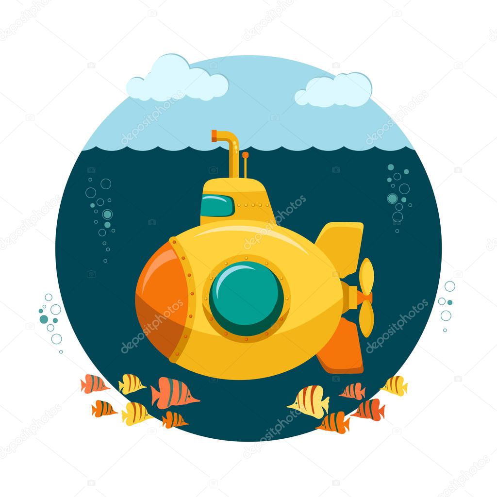 Yellow Submarine undersea with fishes, Flat design. Vector