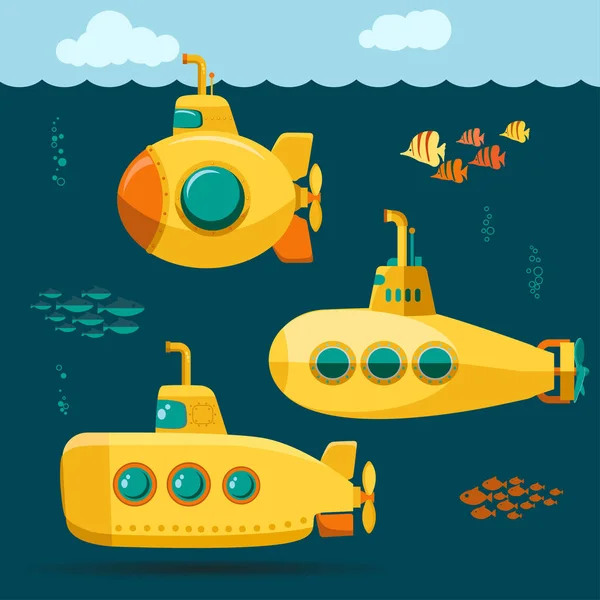 Submarino amarillo submarino con peces, estilo de dibujos animados. Vector — Vector de stock