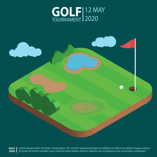 Golf course isometric landscape, hole with flag an ball. Golf-club Sport Composition. Vector