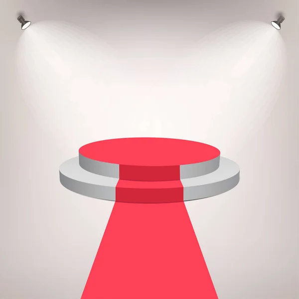 Красная ковровая дорожка на пьедестале почета с эффектом подсветки. Белая круглая сцена с лестницей. Пьесталь для победителей. Вектор — стоковый вектор