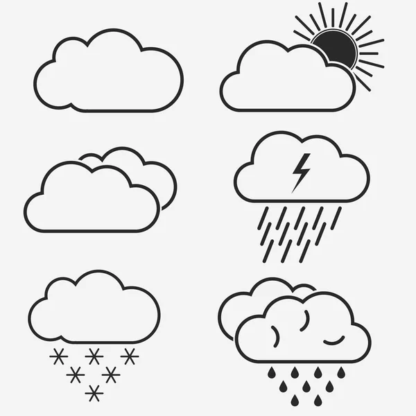 Значки векторных линий погоды. Символы солнца, облаков, снежинок и дождя. Вектор — стоковый вектор