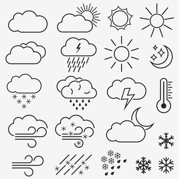 Iconos de línea vectorial meteorológico. Símbolos del sol, nubes, copos de nieve y lluvia. Vector — Vector de stock