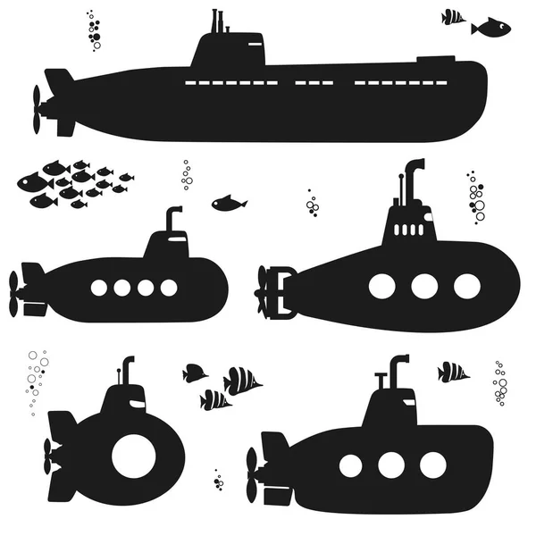 Silhouette Submarine undersea boat with fishes. Vector — Stock Vector