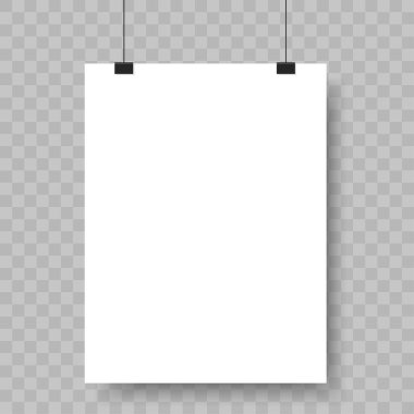 Boş kağıt levha bağlayıcılar üzerinde asılı. Reklam banner mockup duvarda. Vektör