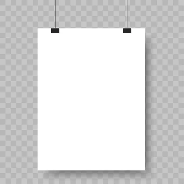 Folha de papel em branco pendurada em ligantes. Publicidade mockup bandeira na parede. Vetor — Vetor de Stock