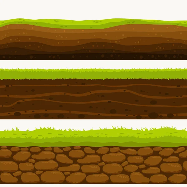 Bodennahtlose Schichten Bodenschicht. Steine und Gras auf Dreck. Vektor — Stockvektor