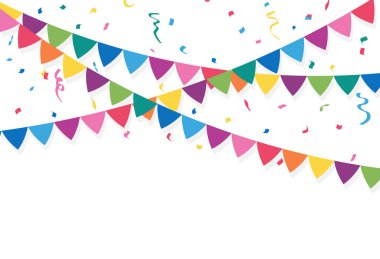 Konfeti ve Kurdeleli parti bayrakları. Vektör