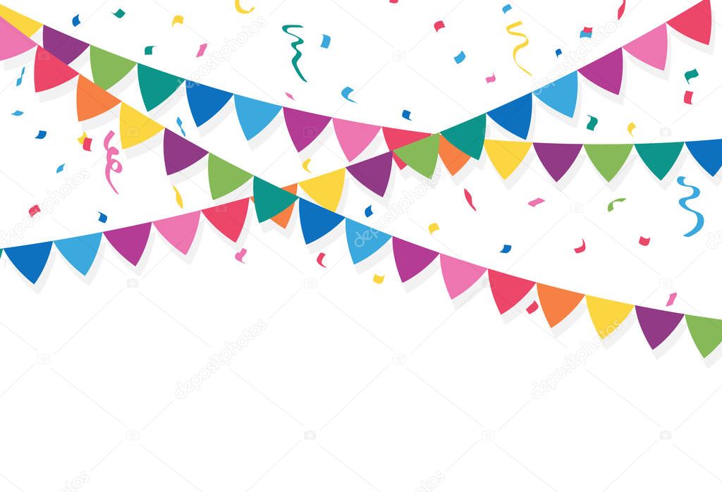 Party flags with Confetti And Ribbons. vector