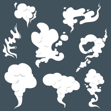 Duman bulutları. Buhar bulutu seti. Sis düz izole clipart. Buhar duman sigara bulutları. Vektör