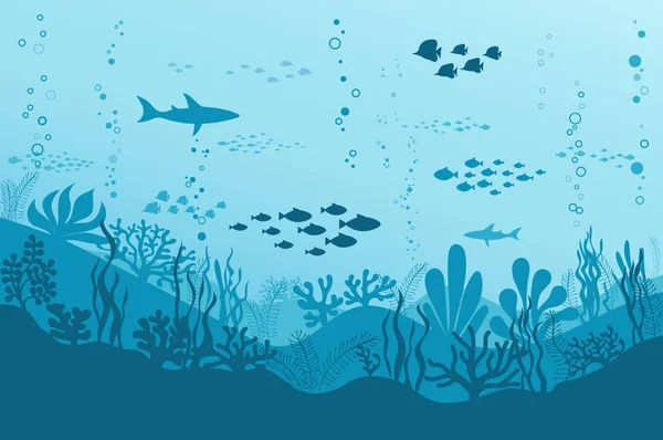 Fondo submarino oceánico con peces, plantas marinas y arrecifes. Vector — Vector de stock