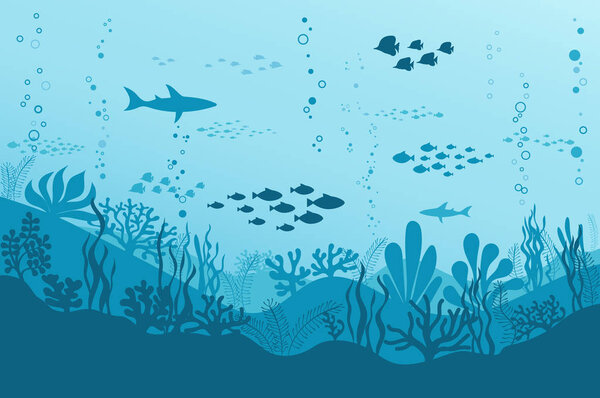 Ocean Underwater Background with Fishes, Sea plants and Reefs. Vector
