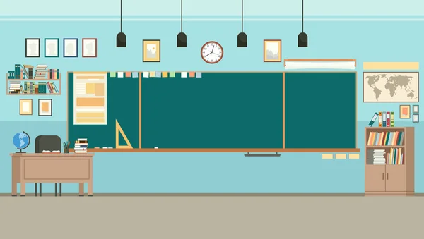 School klas met schoolbord. Studie klas met schoolbord en leraren Bureau. Vector — Stockvector