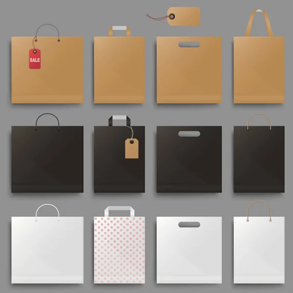 购物袋模型设置设计。方形和园艺黑纸板包空白。向量 — 图库矢量图片