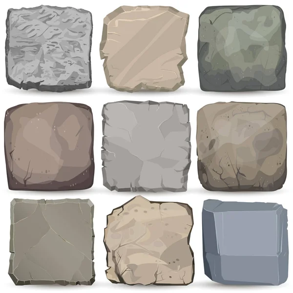 Juego de pancartas de piedra de roca. Panel cuadrado de piedra. Gran roca de estilo plano. Vector — Archivo Imágenes Vectoriales