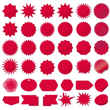 Starburst mühürler seti, Bursting ışınları klip art. Kırmızı parıltılar. Satış etiketi. Vektör