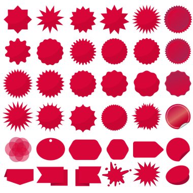 Starburst seals set, Bursting rays clip art. Red sparkles. Sale sticker. Vector clipart