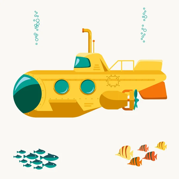 Kartun Bathyscaphe, Kapal Selam Kuning transportasi penelitian laut. Vektor - Stok Vektor