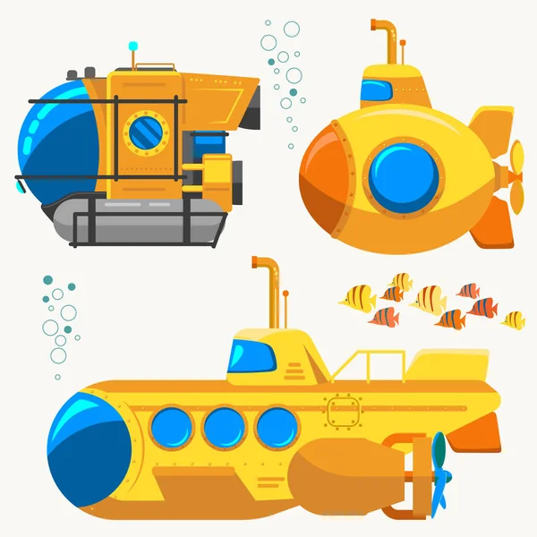 Bathyscaphe cartoon, Yellow Submarine sea research transport. Vector — Stock Vector