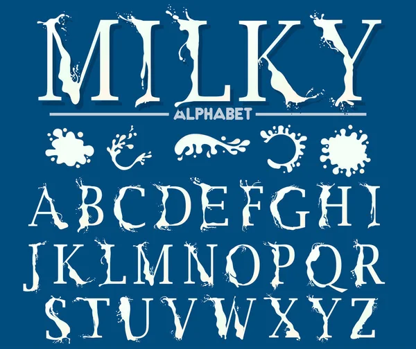 Milk, yogurt or cream alphabet set. Latin alphabet made of milk. Vector — Stock Vector