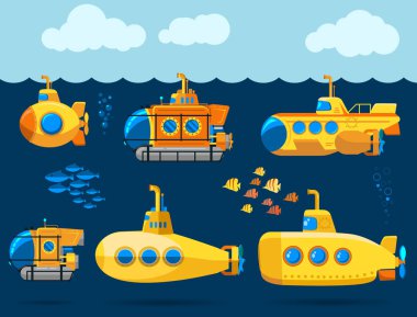Bathyscaphe cartoon, Yellow Submarine sea research transport. Vector clipart