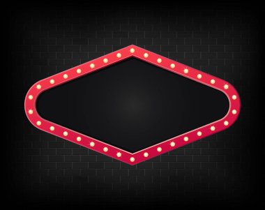 Koyu tuğla arka planda gerçekçi Billboard duvar, LED ışıklar çerçevesi. Vektör