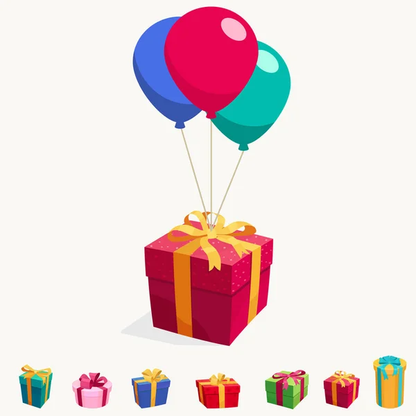 Balloon with gift box. Holiday surprise package. Birthday celebration. Vector — Stock vektor