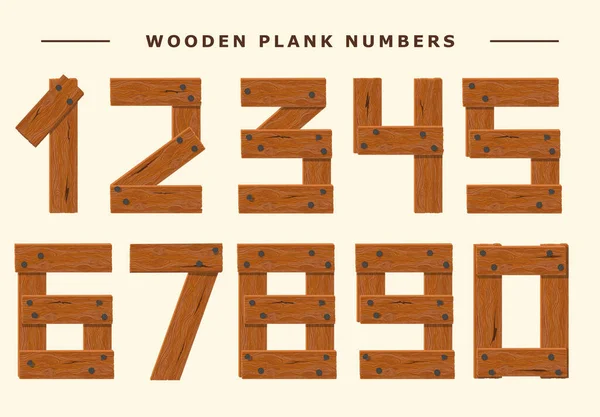 Conjunto de números de madera, fuente numérica de tablón de madera sostenida con clavos. Vector — Archivo Imágenes Vectoriales