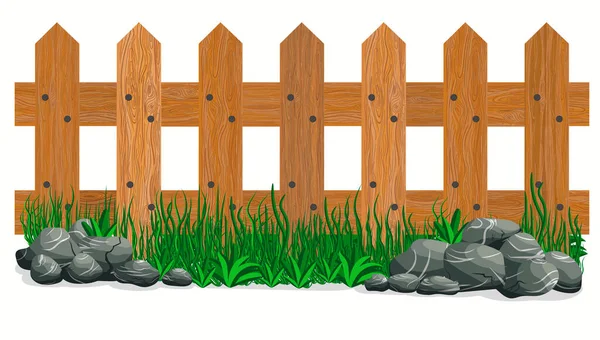 木制栅栏，石头和草。花园的篱笆被隔离了B.病媒 — 图库矢量图片