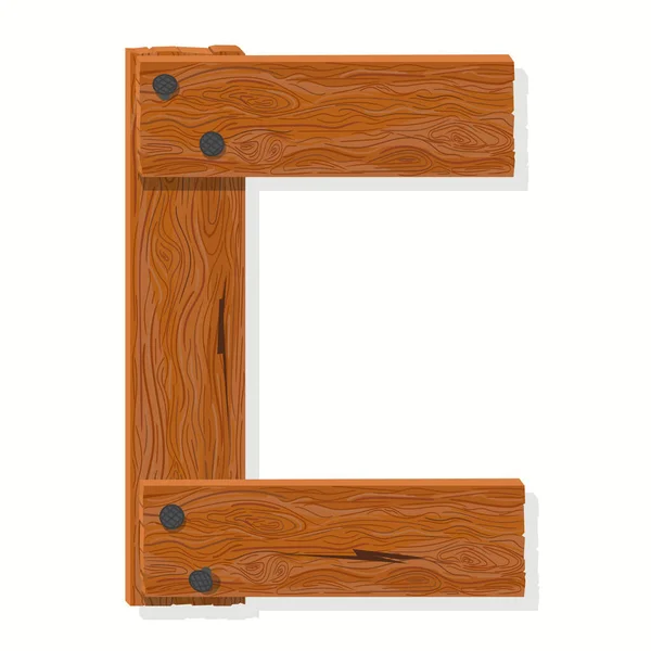 Houten lettertype, Plank Wood tafelalfabet. Oude borden met spijkers ABC. Cartoon stijl vector — Stockvector