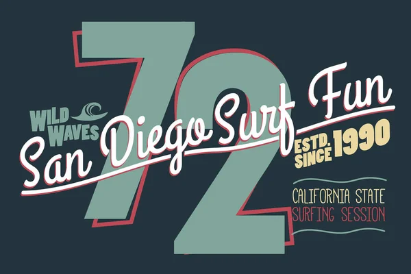 Surfing t-shirt grafisk design. Kaliforniens surfare bär frimärke. Vektor — Stock vektor