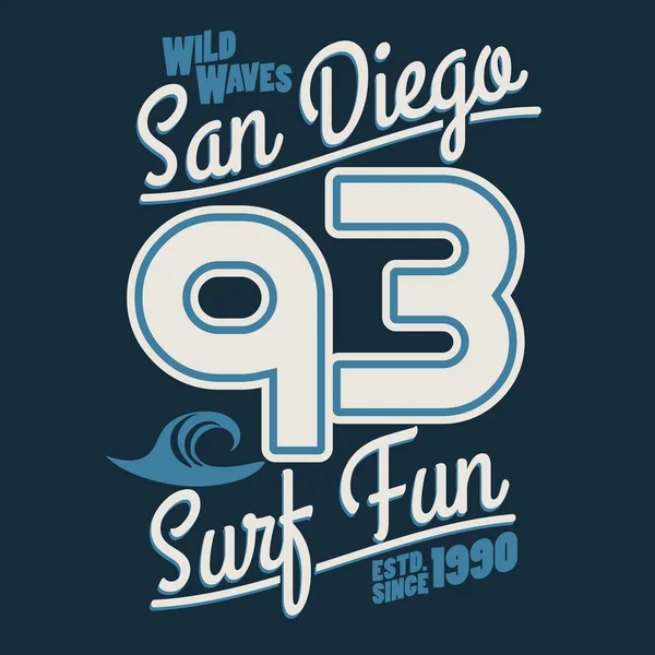 Diseño gráfico de la camiseta de surf. Letras de surf en San Diego. Vector — Vector de stock