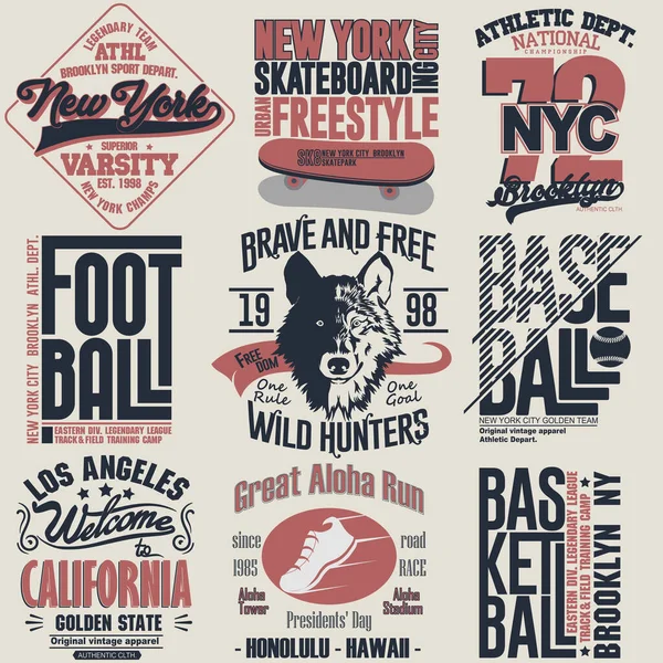 Conjunto gráfico de estampado de camiseta. emblema de tipografía de desgaste deportivo — Vector de stock