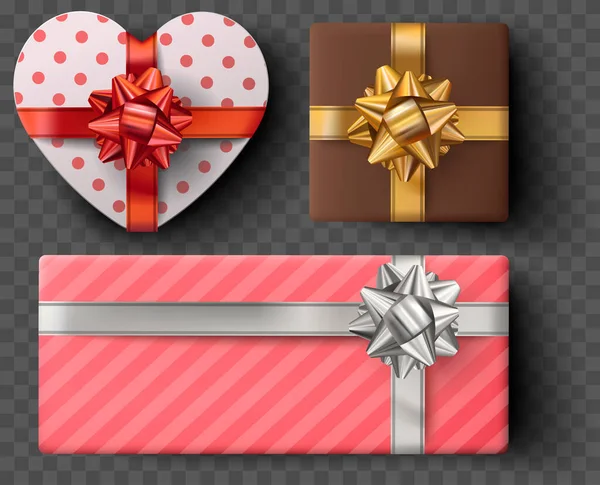 Caja de regalo con arco dorado, cintas aisladas sobre fondo gris transparente. vector realista Giftbox — Vector de stock