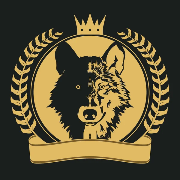 Plaque de tête de chien, bannière Wolf avec une branche de laurier, un ruban et une couronne dorée. vecteur — Image vectorielle