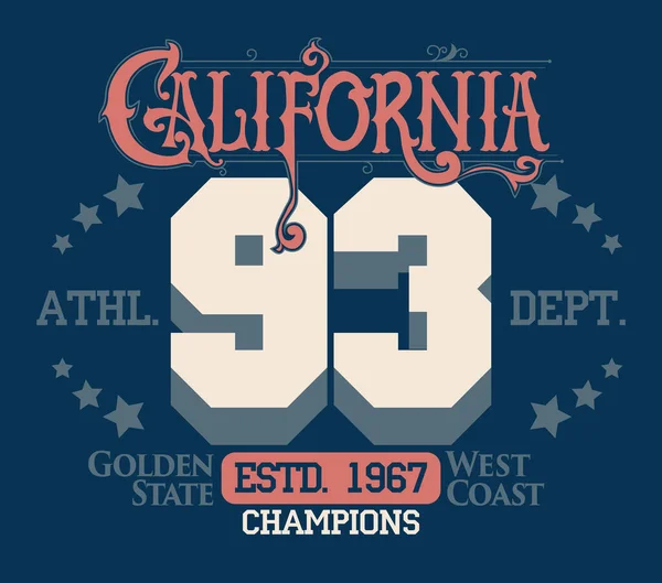 Kalifornská typografie, sportovní potisk trička. vektor — Stockový vektor