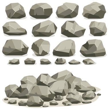 İzometrik düz şekilli taş karikatür. Farklı kayalar kümesi.