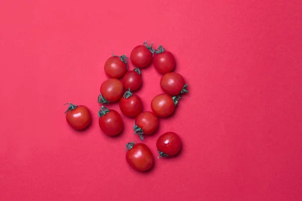 group of red tomato on red colored paper background.
