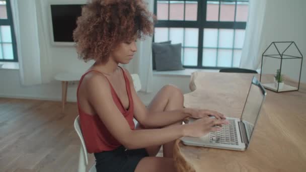 Young Afro American Woman Using Laptop Computer While Sitting Table — Stock Video