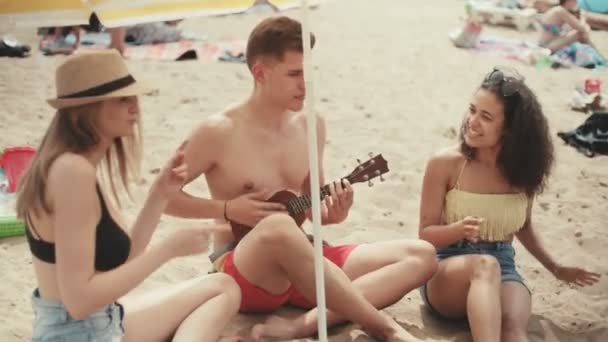 人の友人は 楽しんで 若い人たちは 湖を楽しみます ギターを弾く男 — ストック動画